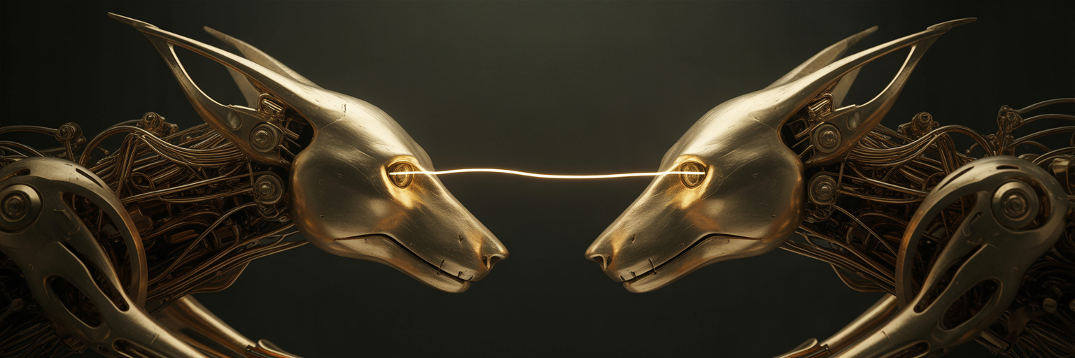 Abstract animal forms communicating with light.
