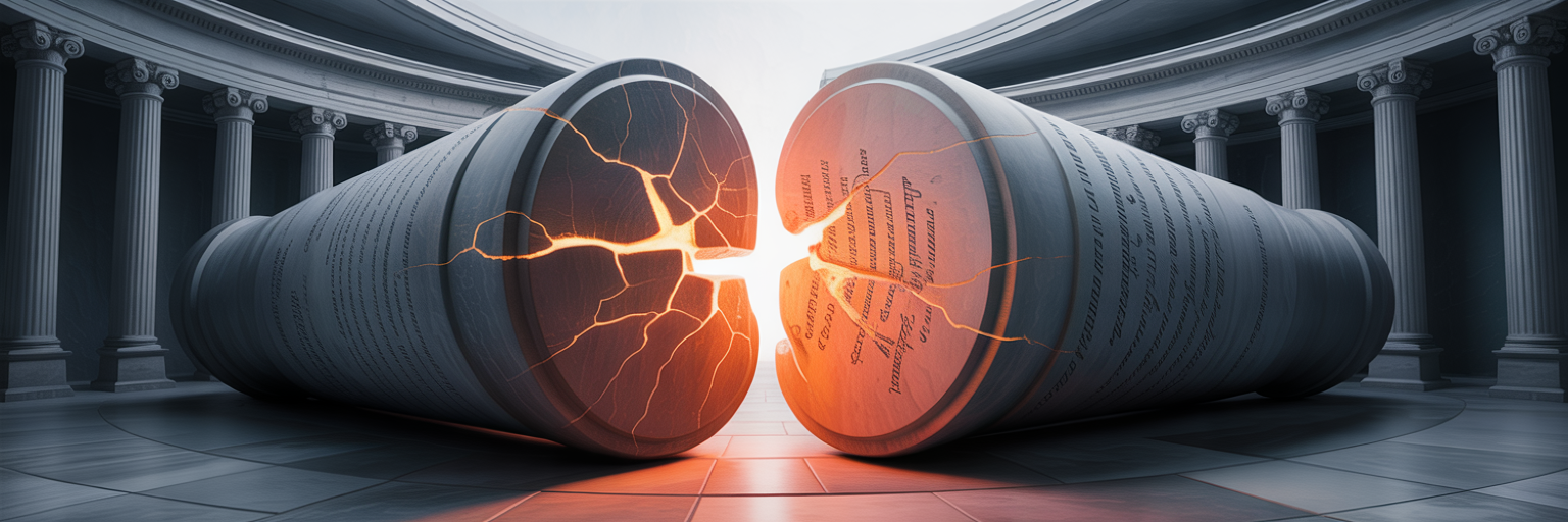 Abstract pillars representing government branches cracking.
