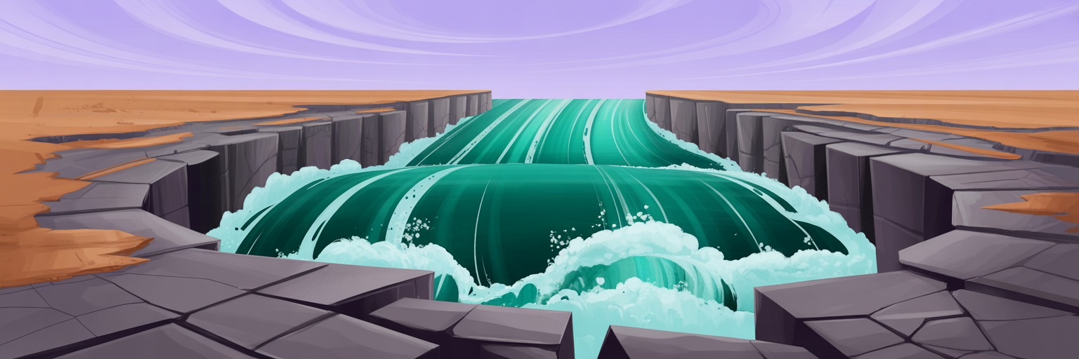 Abstract river breaking its engineered channel.