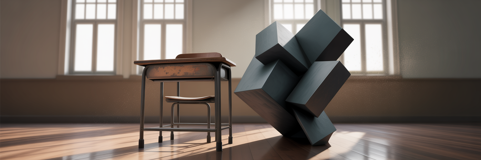 Abstract sculpture looming over school desk.
