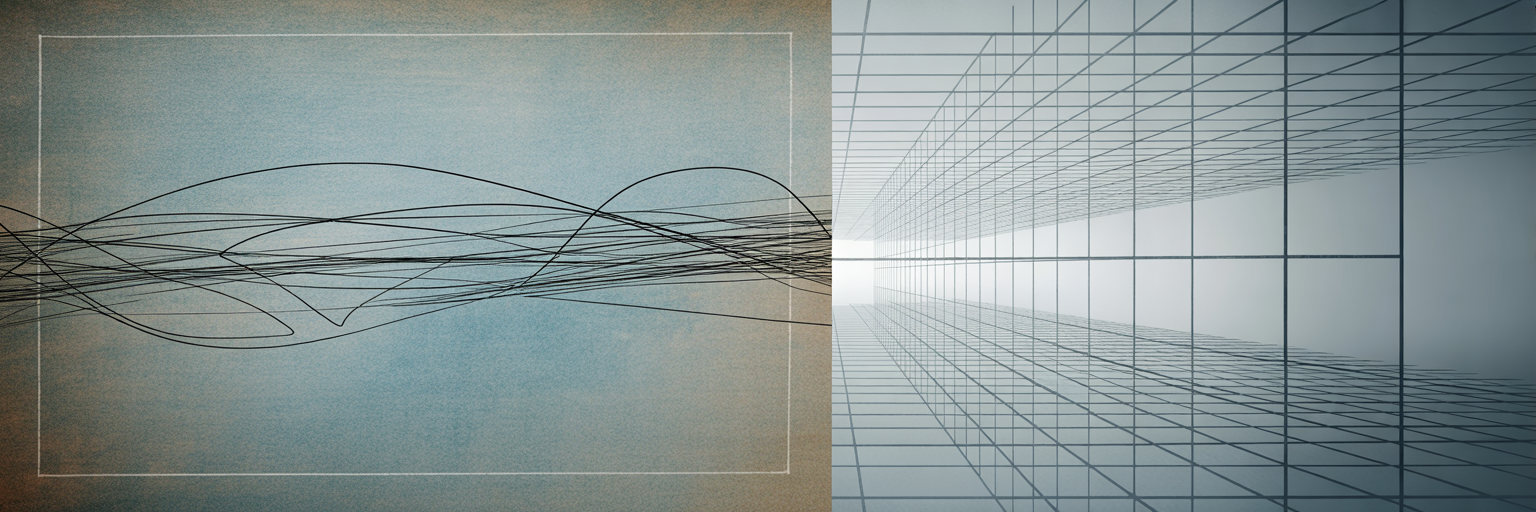 Abstract visual of tangled lines becoming an organized grid.