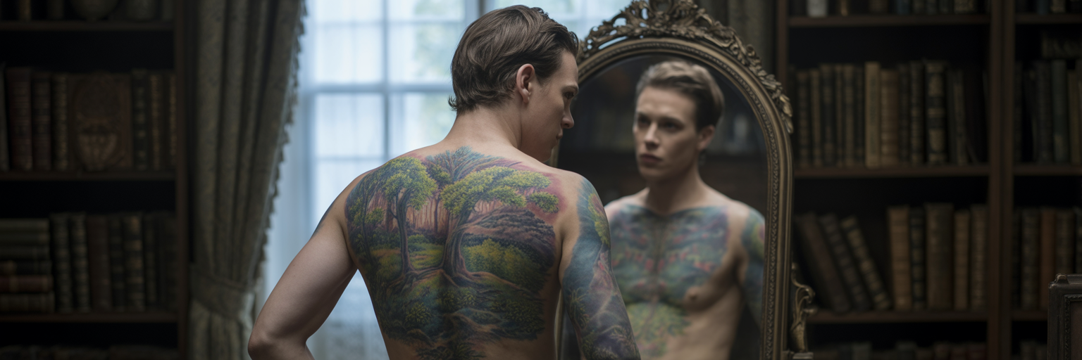 Admiring a fully healed vibrant tattoo