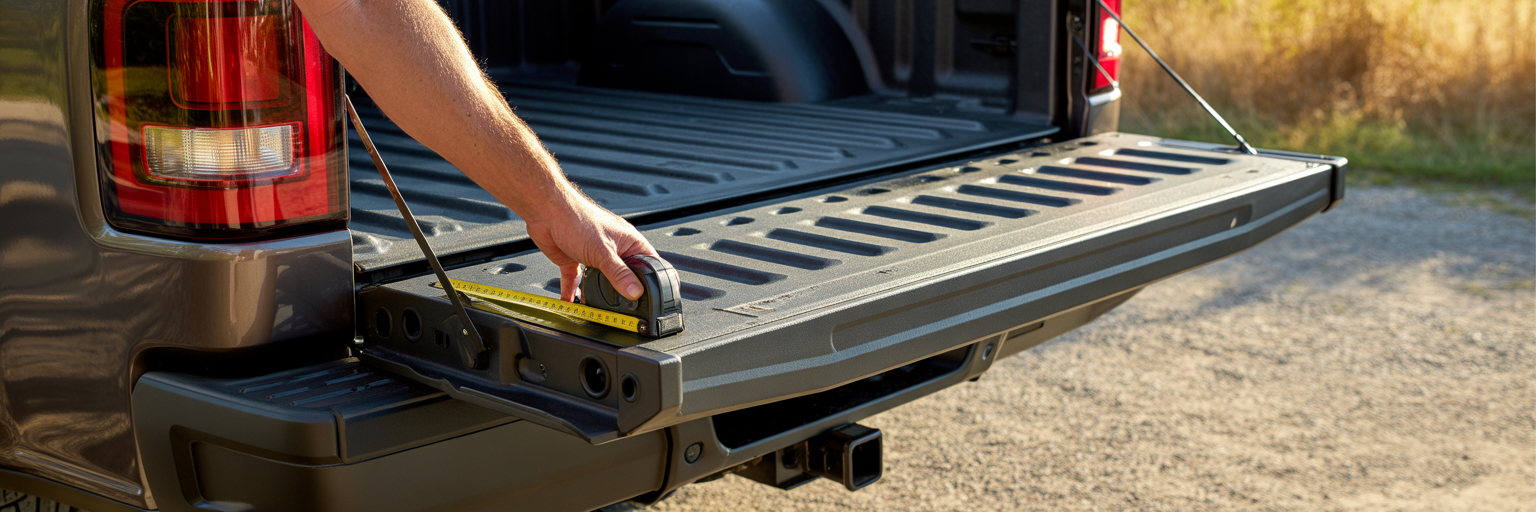 Aftermarket truck bed step being measured