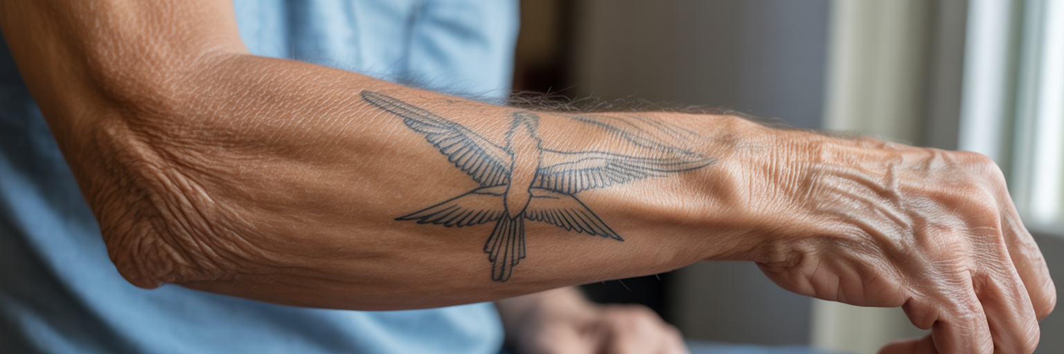 Aged fine-line tattoo on inner forearm.