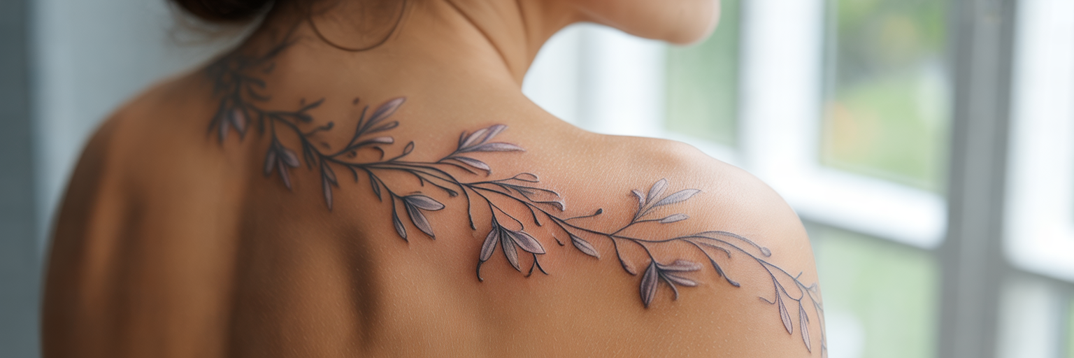 Aged fine-line tattoo on shoulder