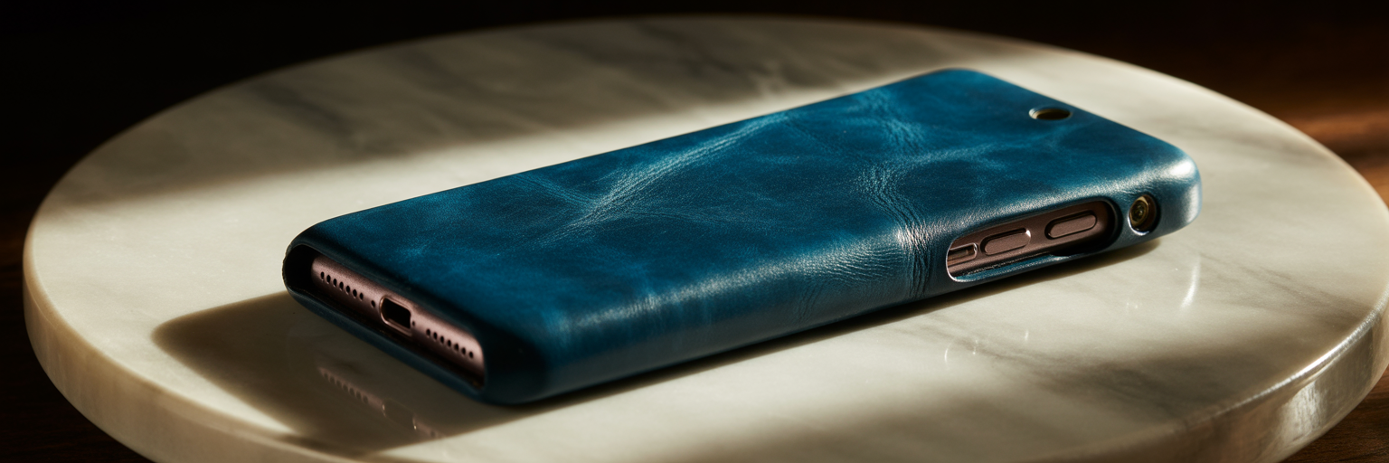 Aged full-grain leather iPhone case texture.