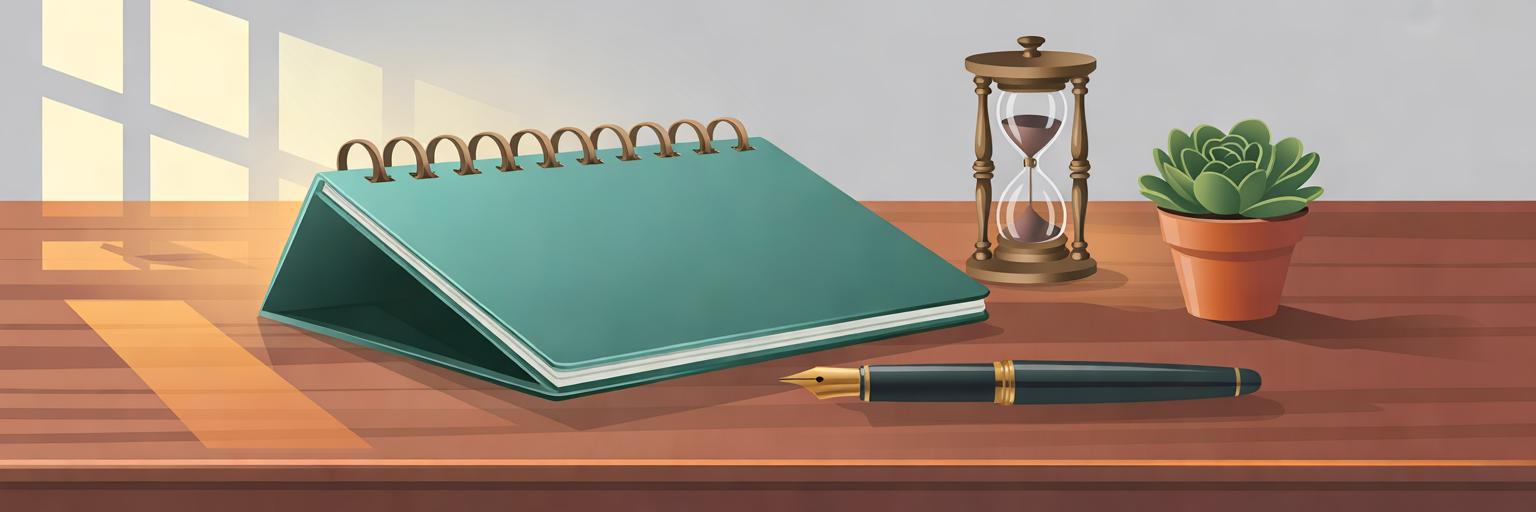 Agenda de escritorio y reloj de arena