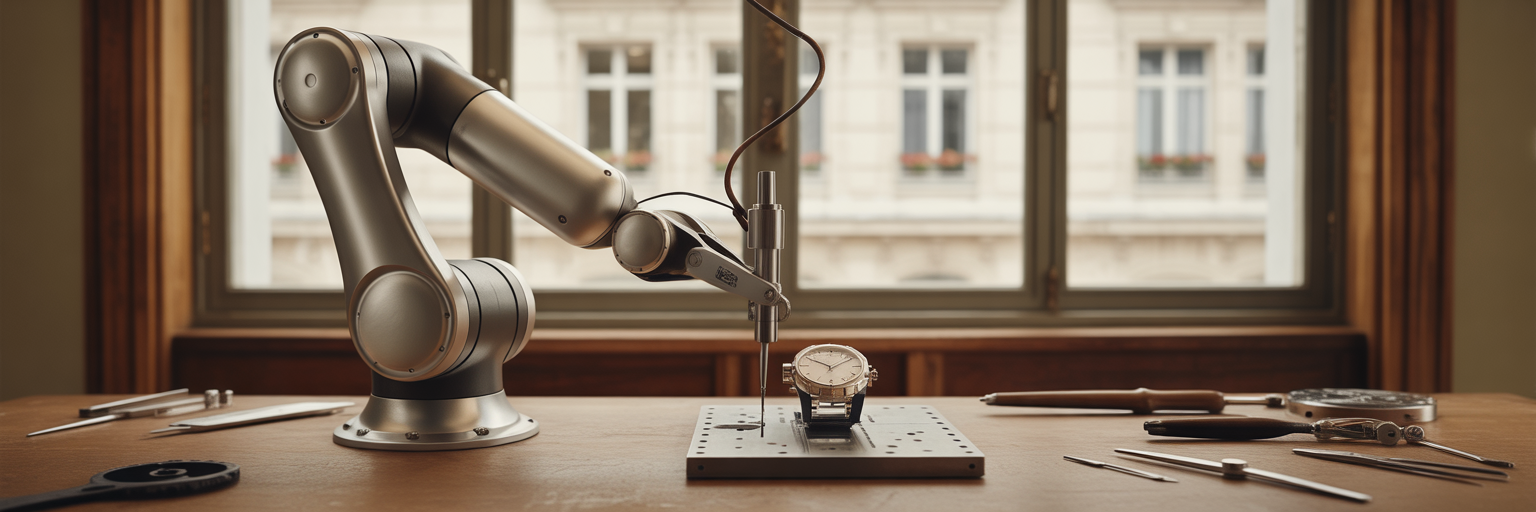 Agent IA autonome assemblant une montre de luxe.