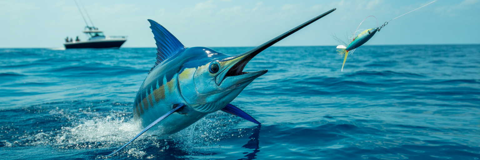 Aggressive blue marlin attacking offshore trolling lures.