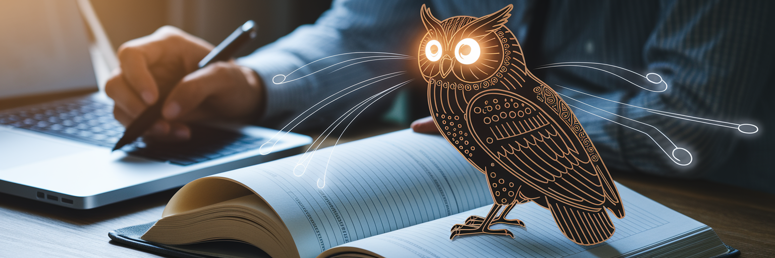 AI owl scanning a financial ledger.