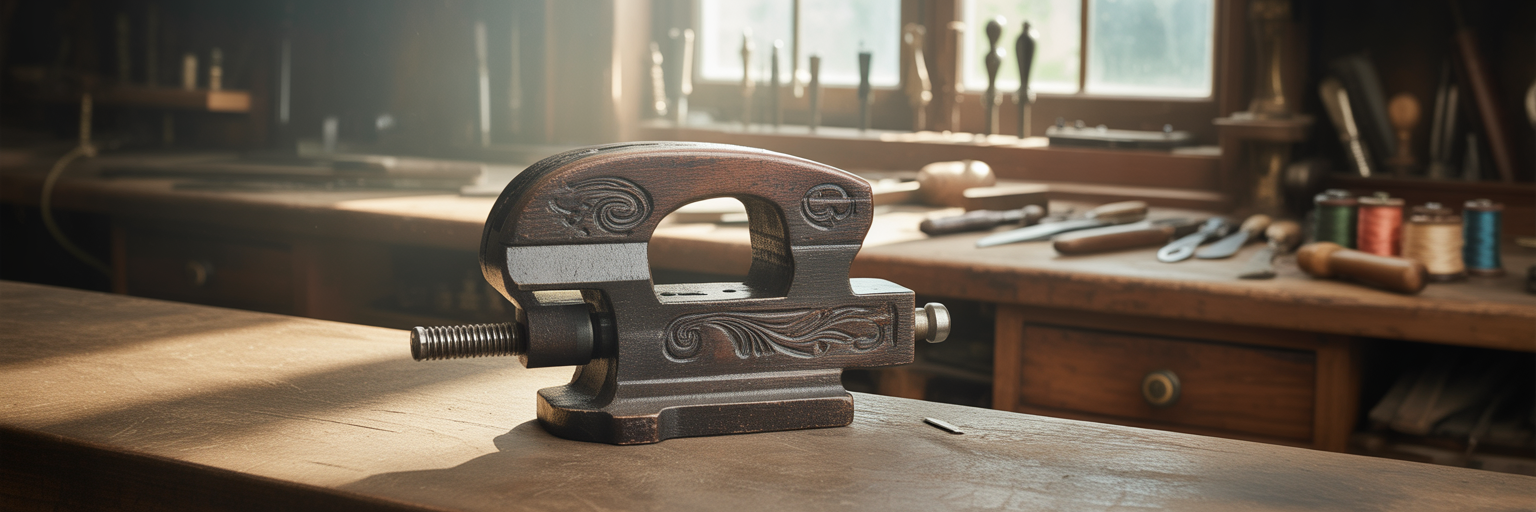 An ornate wooden vise clamped shut.