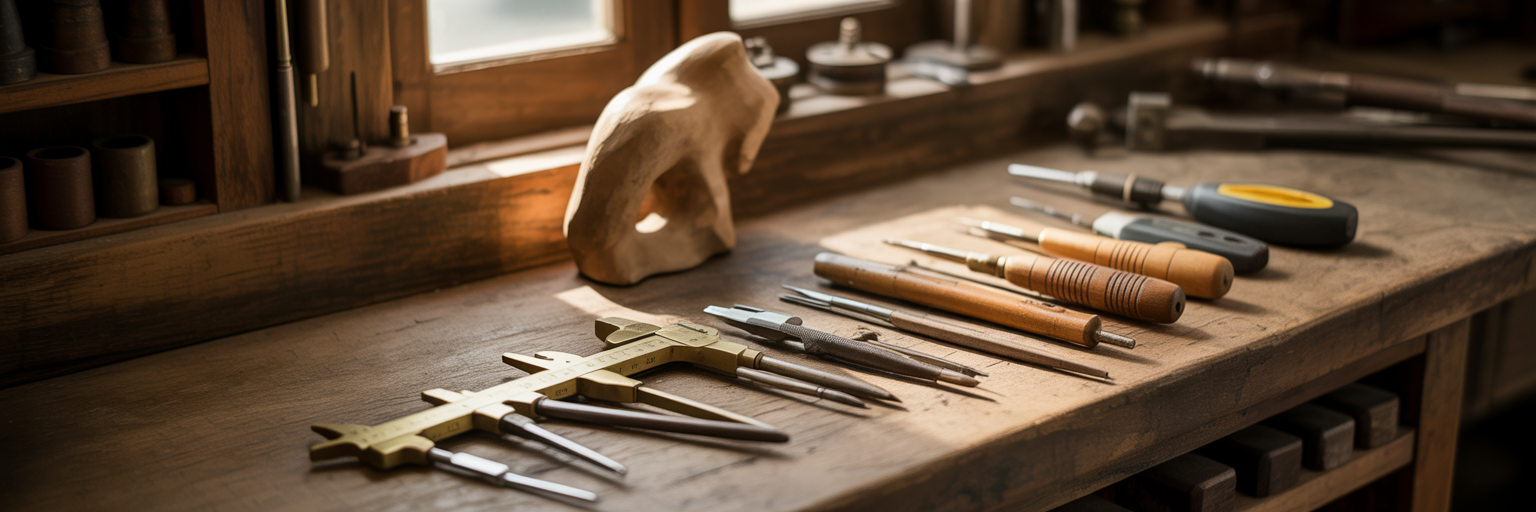 Ancient and modern tools on a workbench.