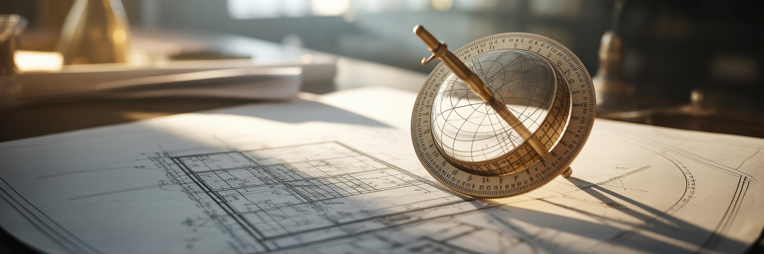 Ancient astrolabe on modern architectural blueprint
