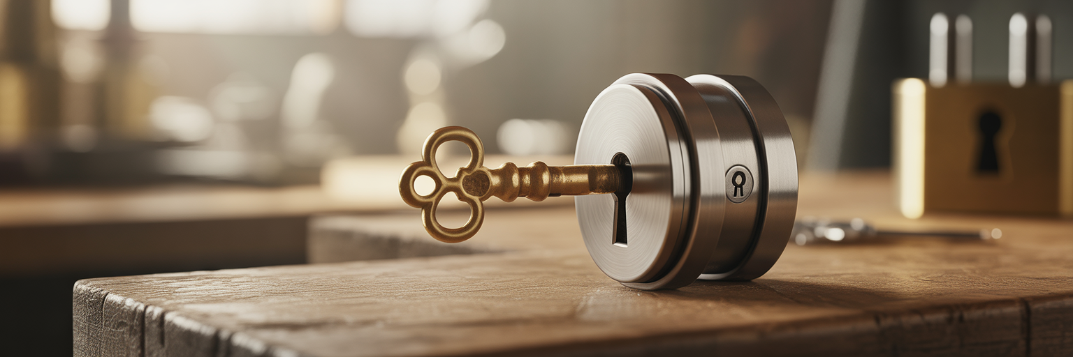 Ancient brass key fitting into modern lock.