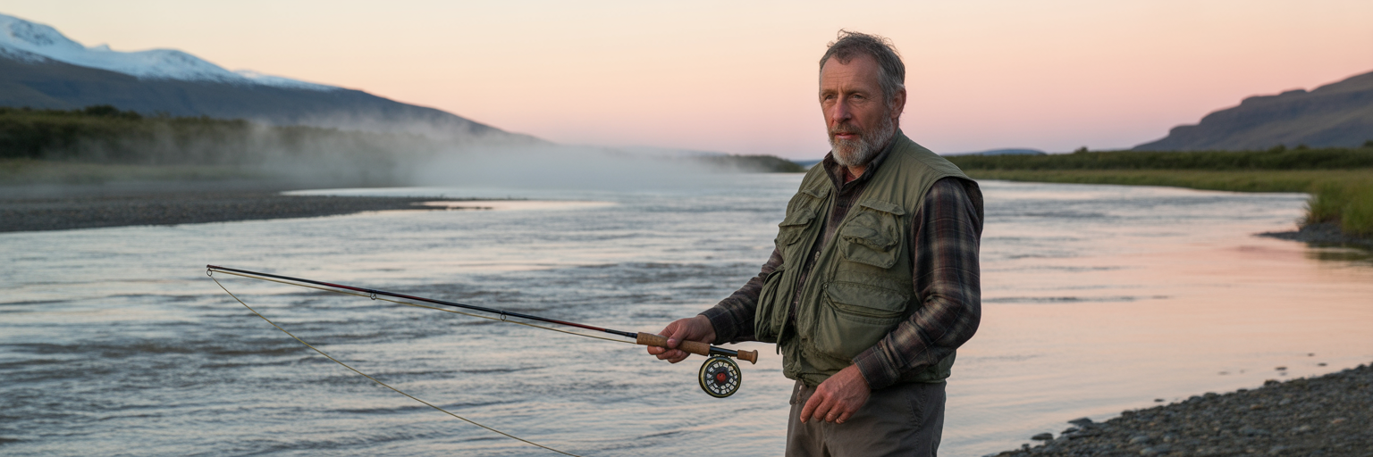 Angler at sunrise by Patagonian river.