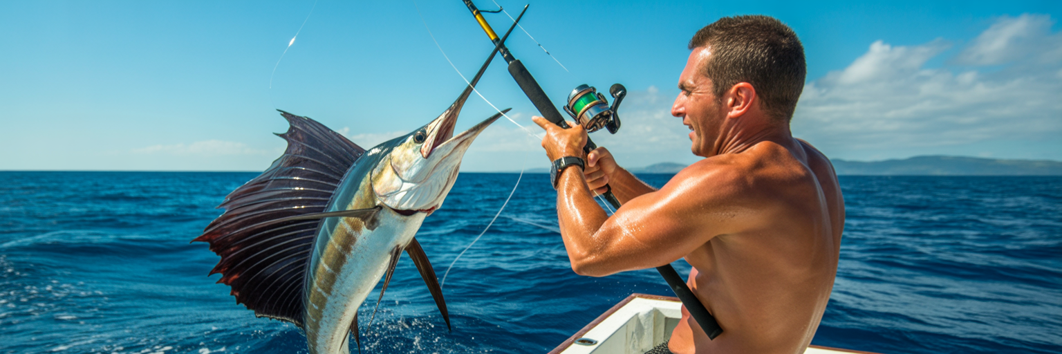 Angler battling a sailfish in Costa Rica.