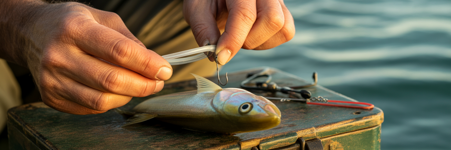 Angler bridling a live goggle-eye bait.