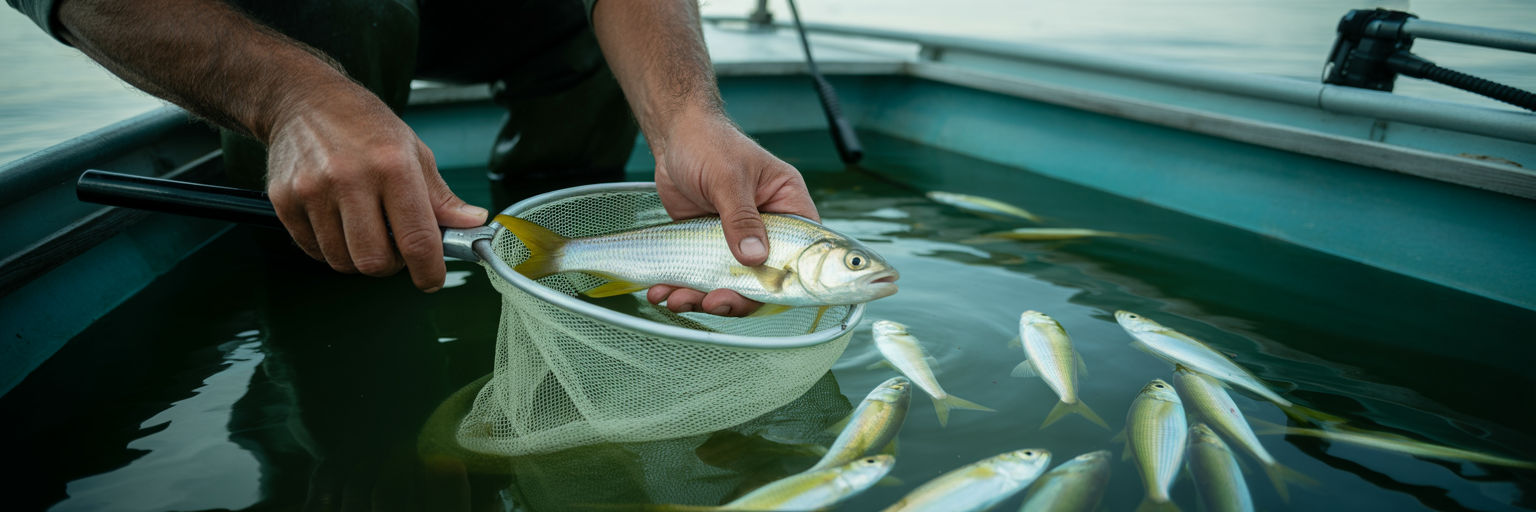 Angler carefully netting live bait from livewell.
