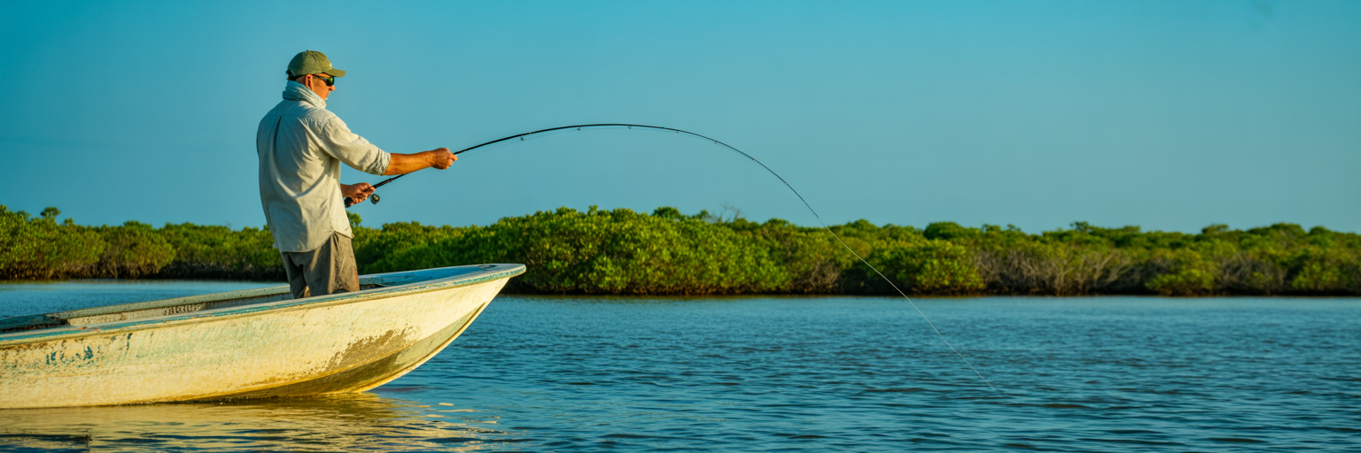 Angler casting towards a mangrove shoreline