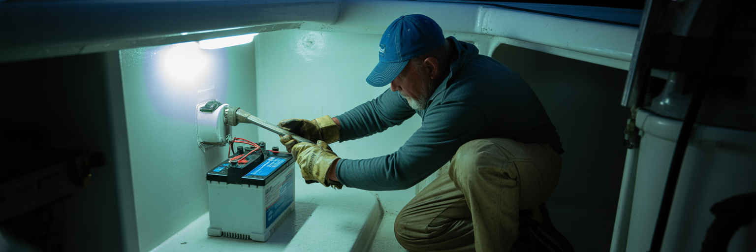 Angler checking boat battery and bilge pump