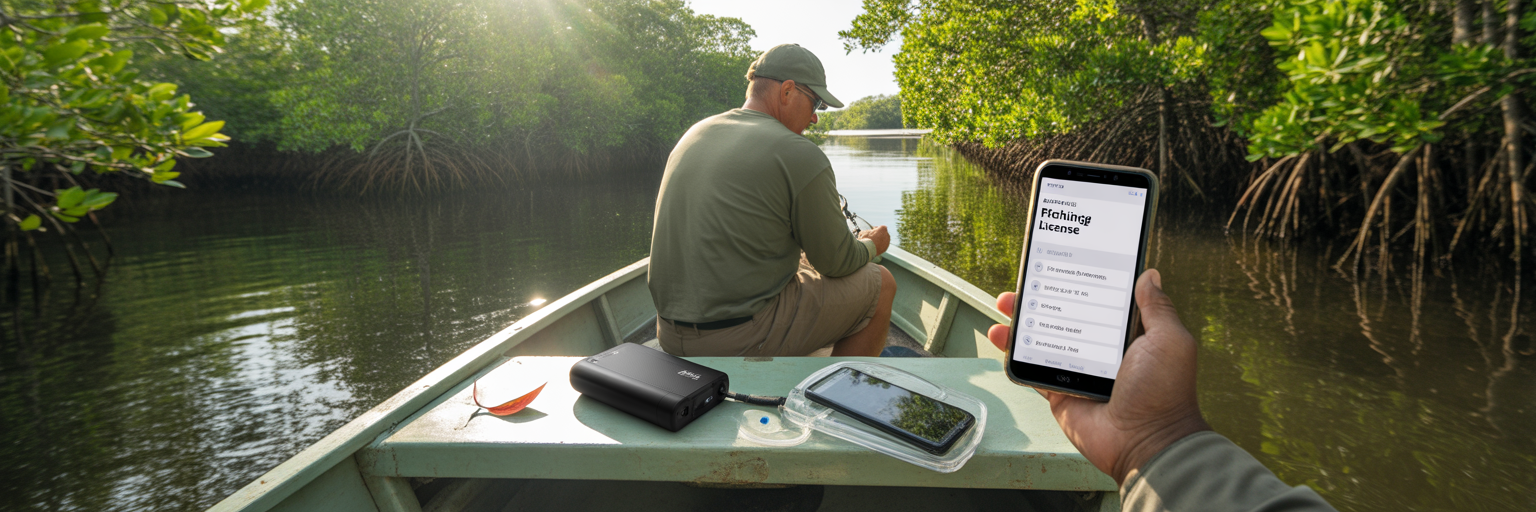 Angler checking digital fishing license backup.