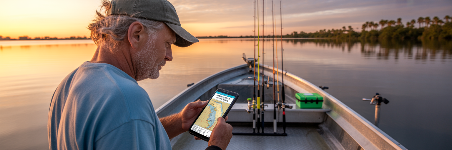 Angler checking fishing regulations on phone.