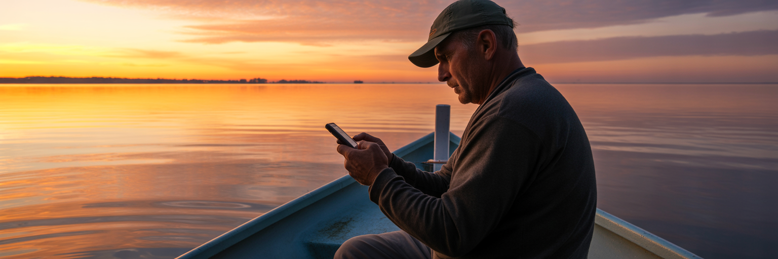 Angler checking phone on boat at sunrise