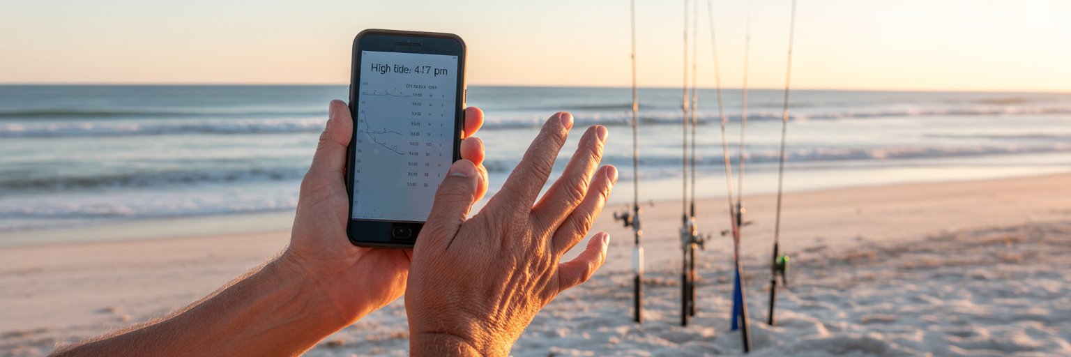 Angler checking phone on Florida beach.