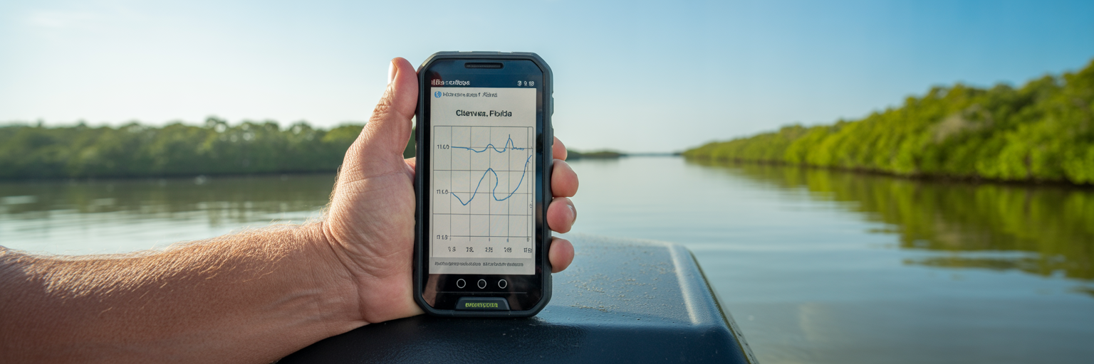 Angler checking tide chart app on phone.