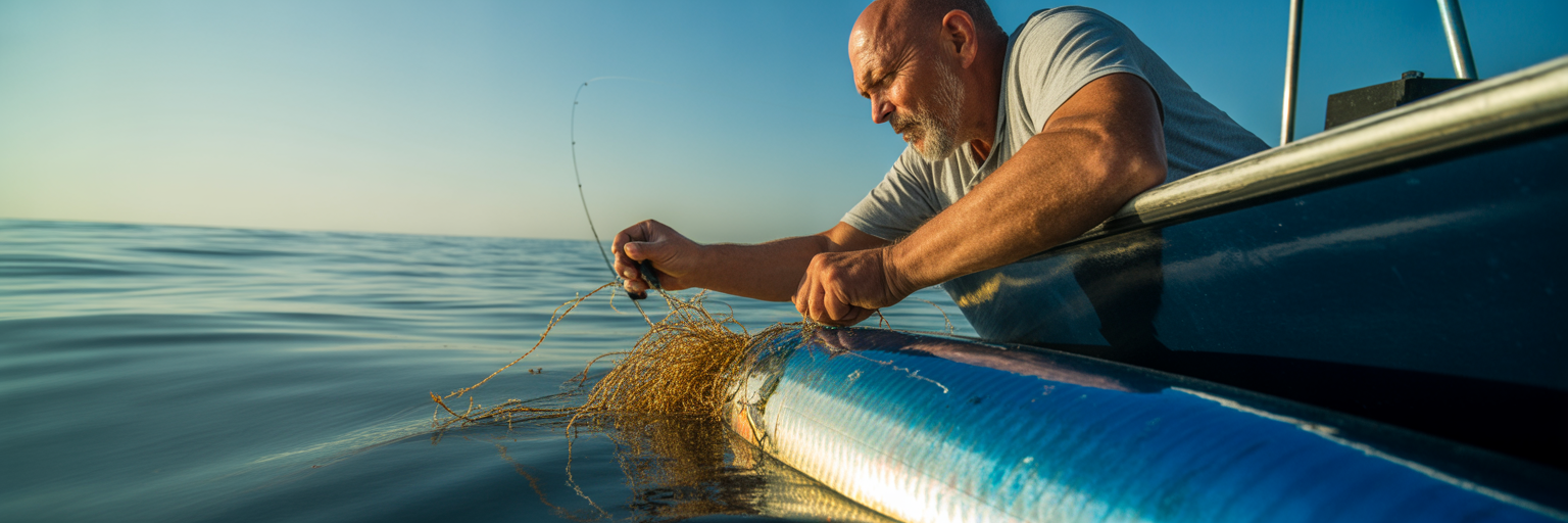 Angler clearing seaweed from a trolling lure.