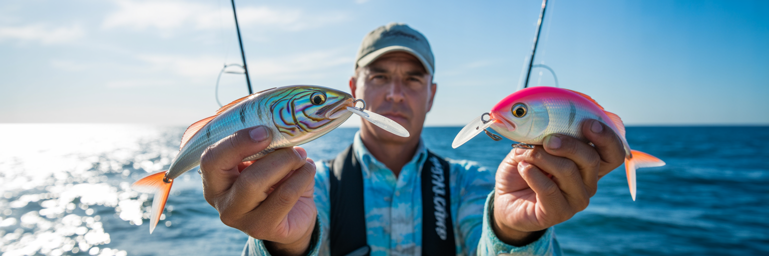 Angler comparing two abalone resin lures.