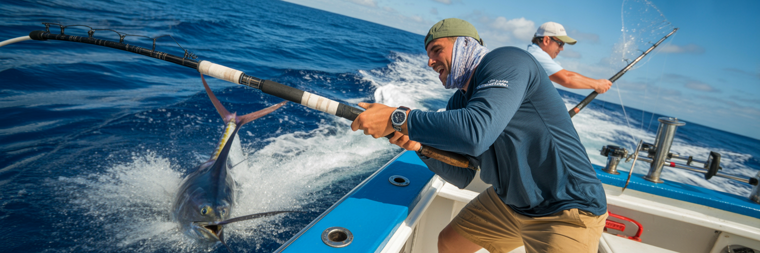 Angler fighting a big game fish offshore
