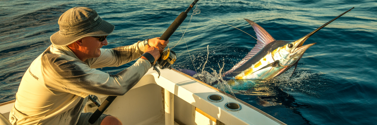 Angler fighting a jumping marlin from boat.