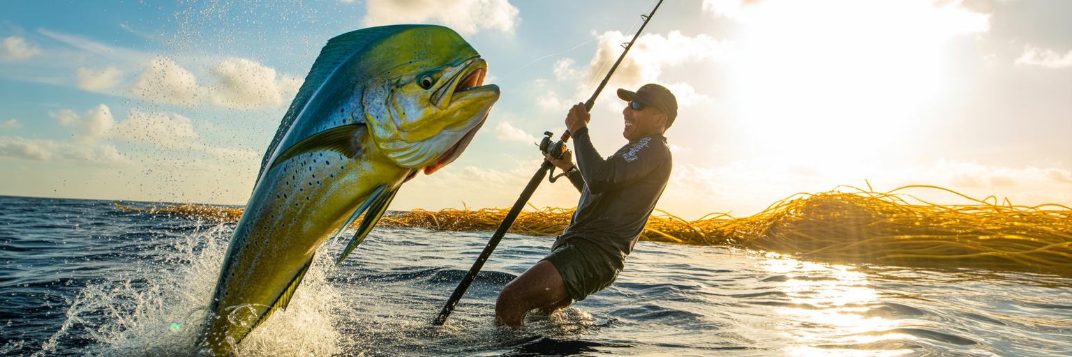 Angler fighting a mahi-mahi near boat