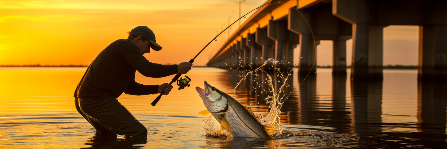 Angler fighting a snook near bridge
