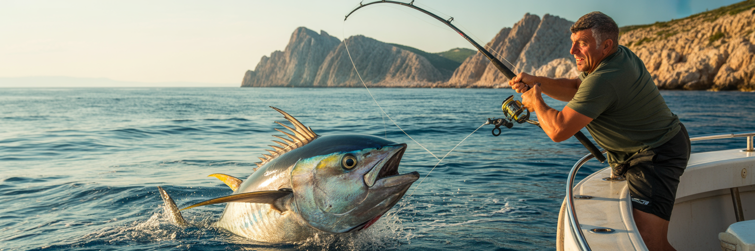 Angler fighting bluefin tuna in Croatia.