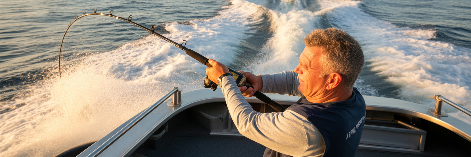 Angler fighting fish while boat moves forward.