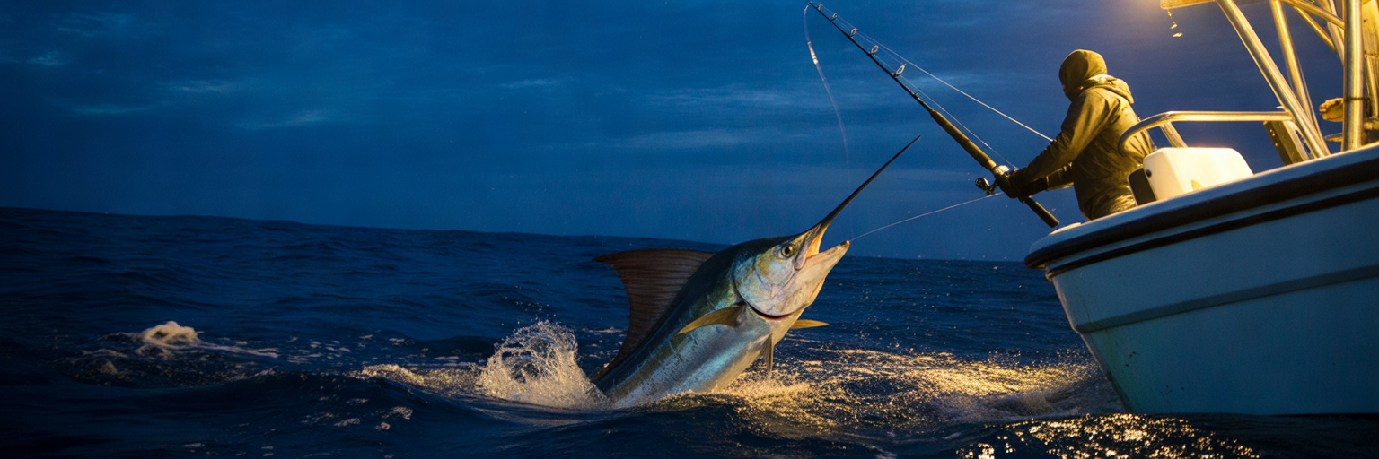 Angler fighting large swordfish at night.