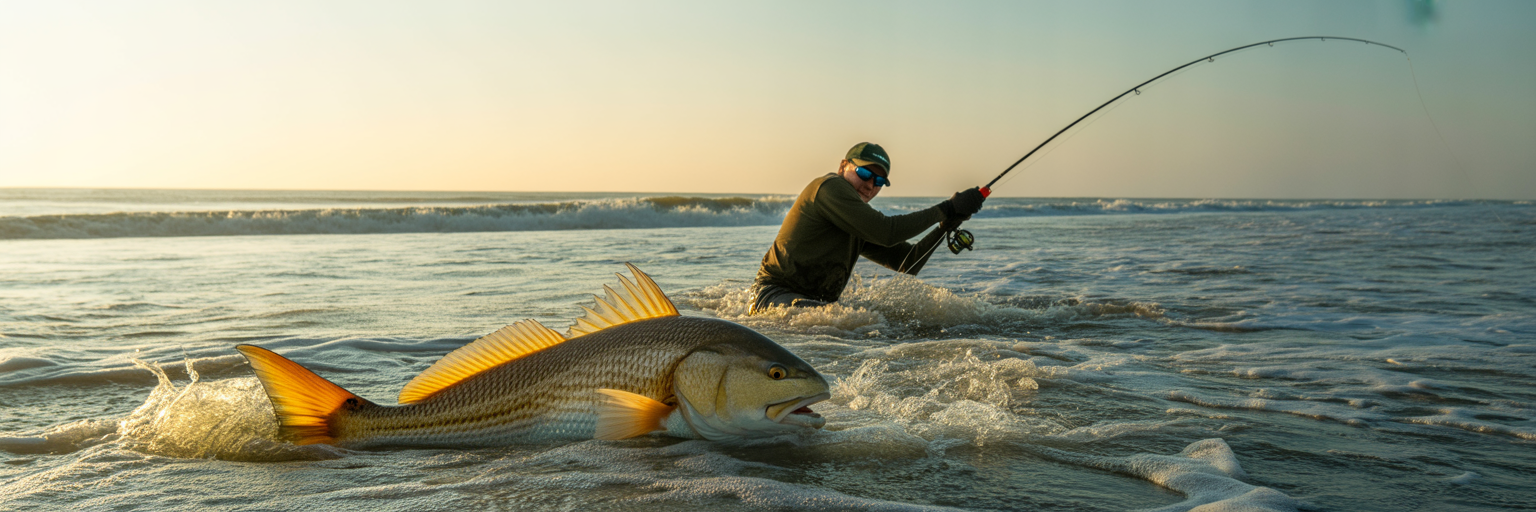 Angler fighting redfish in the surf