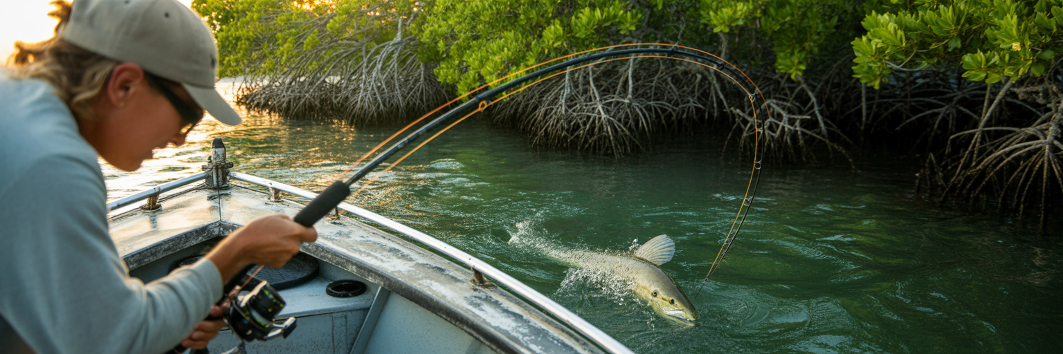 Angler fighting snook near mangrove cover