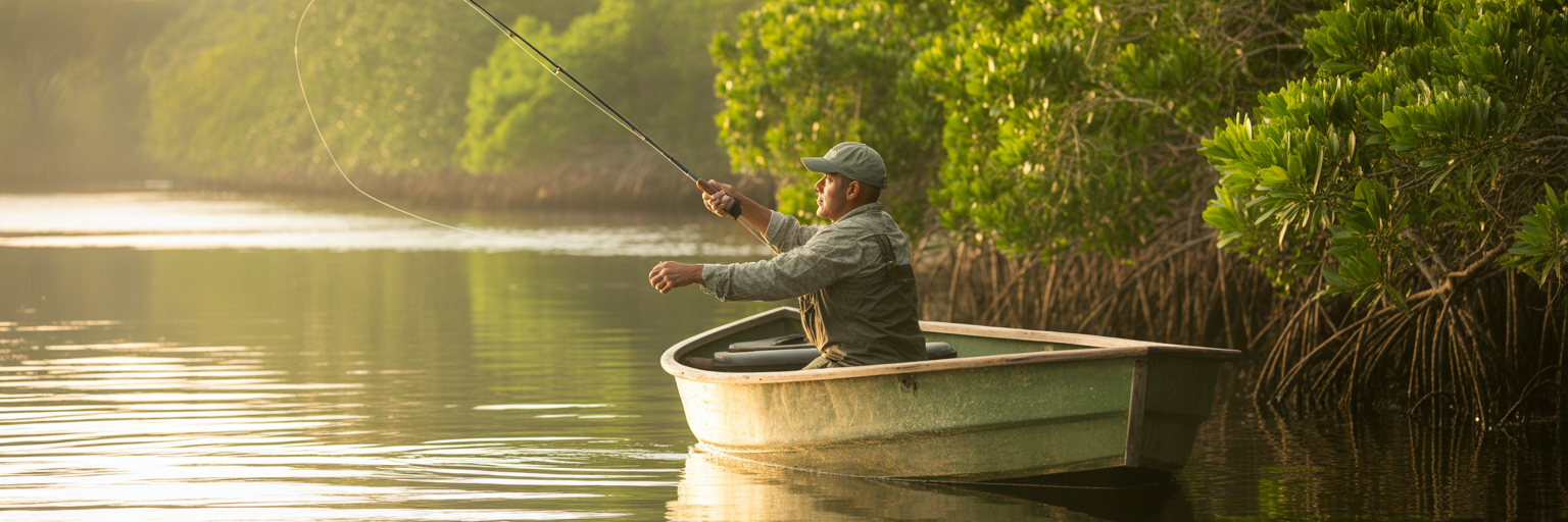 Angler fishing for snook near Florida mangroves.