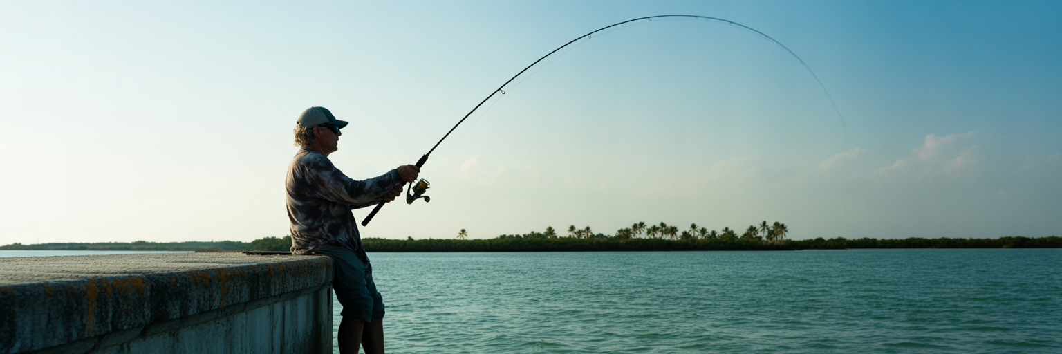 Angler fishing from a Florida seawall.