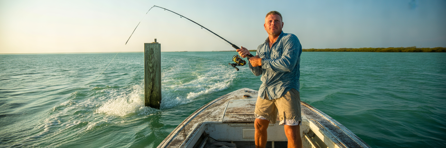 Angler fishing strong tidal current near piling