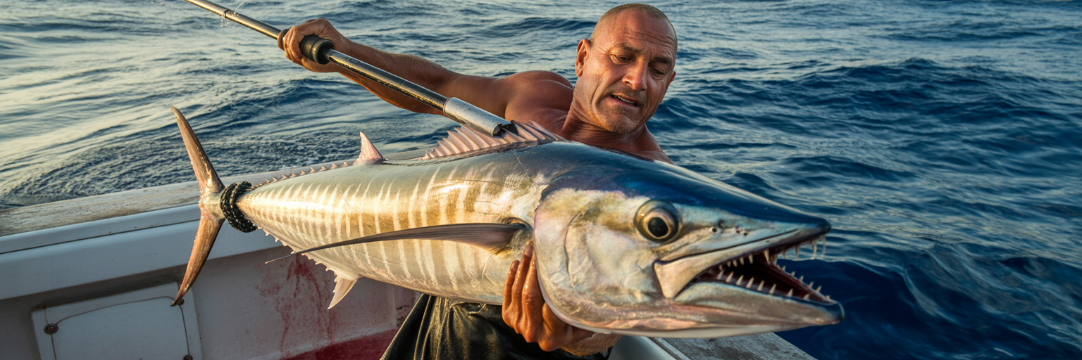 Angler gaffing a large wahoo