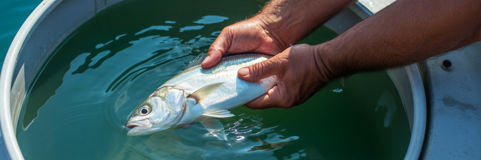 Angler handling live bait over livewell.