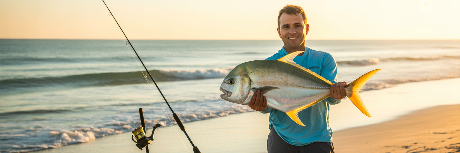 Angler holding a pompano on beach