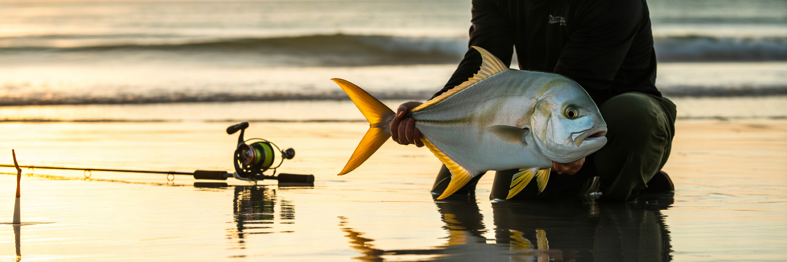 Angler holding pompano caught from surf