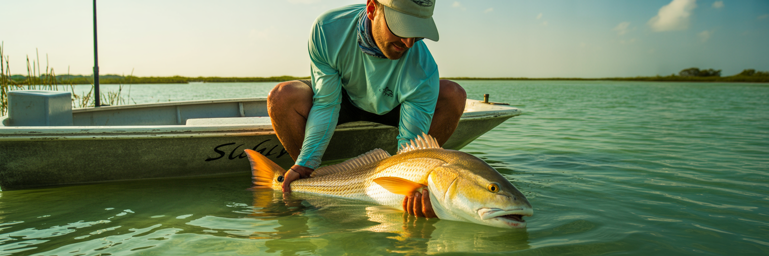 Angler holding redfish in water for release.