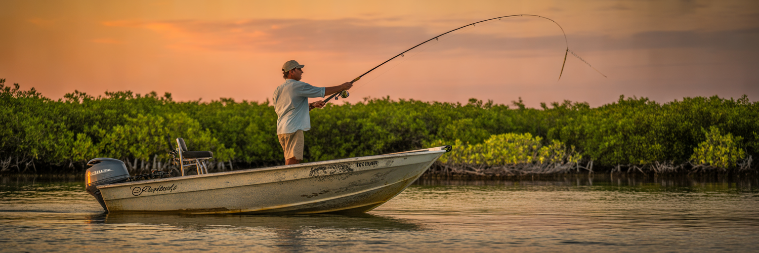 Angler inshore fishing from a boat in Florida.