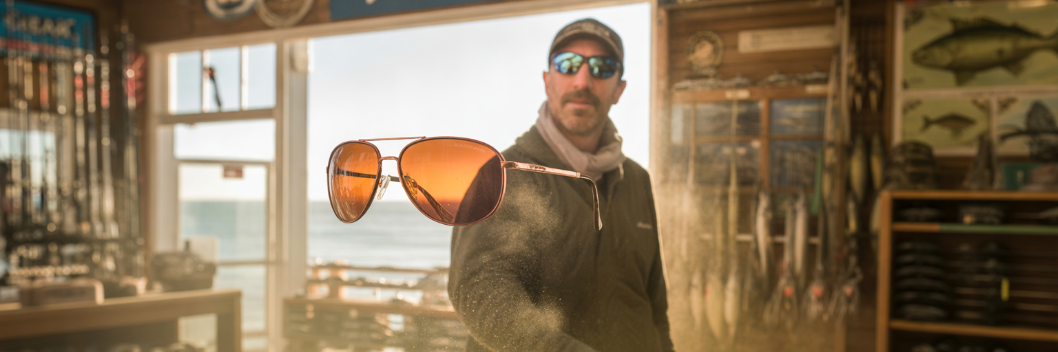 Angler inspecting copper polarized sunglasses in shop